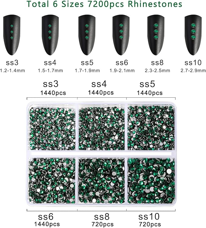 Beadsland 7200pcs Flatback Rhinestones,Green Rhinestone Nail Gems Round Crystal Rhinestones for Crafts,Mixed 6 Sizes with Wax Pencil Kit, SS3-SS10,Emerald