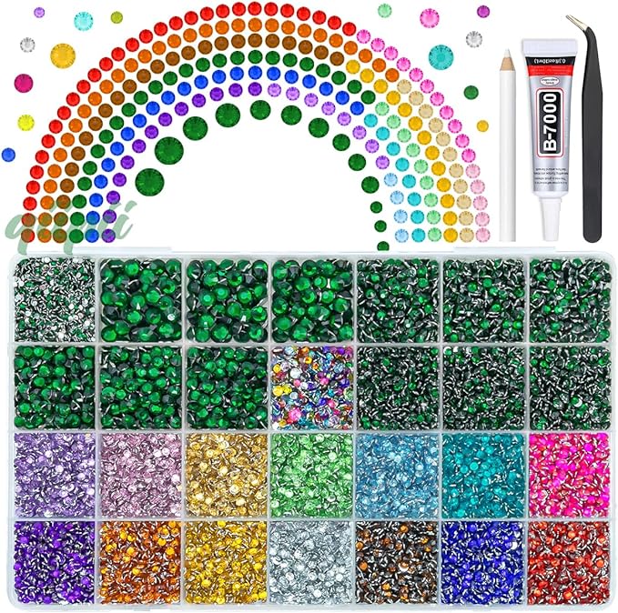 28 Grids Emerald Green 2-6mm Resin Rhinestones w B7000 Glue for Bedazzling Crafting Colorful Flatback Stones Diamonds Crystals Gems Bedazzler Kit for Nails Face Eyes Makeup Tumblers DIY Crafts