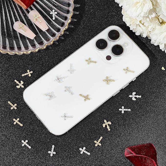 CRASPIRE 60Pcs 6 Style Cross Nail Charms 3D Y2K Metal Alloy Rhinestone Pearl Flat Nail Gems Set Gothic Vintage Punk Studs Decor for Women Nail Art DIY Jewelry Cellphone Crafts Christmas Decorations