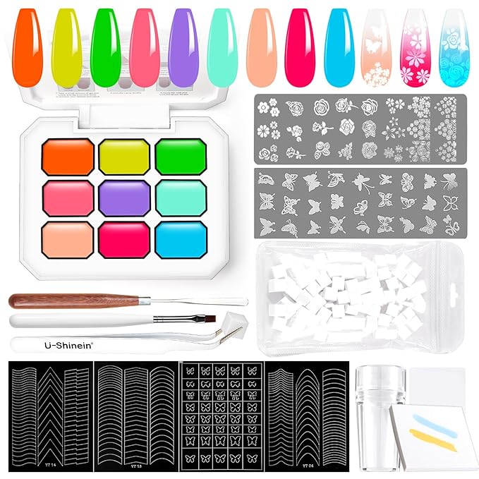 Gradient Gel Nail Set,9 Bright Rainbow Color for Ombre Nail Polish Platte Kit with 14* Nail Art Tools,Pat Painting Gel French Nail Manicure No-wipe Soak of UV DIY Art Home Salon