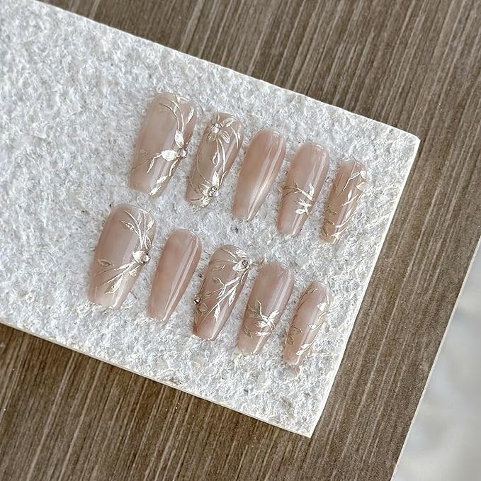 Nude Press-on Nails, Long Ballerina Shape, Gold Floral Design with Pearls, Handmade False Nail 10 Pieces (XS, LB)