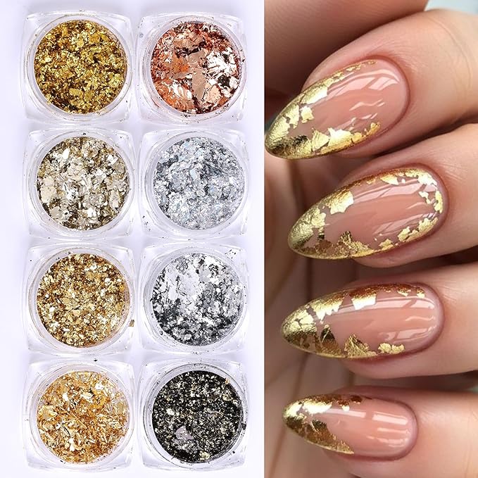 8 Bottles Gold Flakes Nail Glitter Foils Metallic Gold Silver Black Rose Golden Foil Nail Sequins 3D Irregular Ultra-Thin Aluminum Nail Art Flakes Designs Shiny Gold Leaf for Nails Decoration