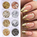 8 Bottles Gold Flakes Nail Glitter Foils Metallic Gold Silver Black Rose Golden Foil Nail Sequins 3D Irregular Ultra-Thin Aluminum Nail Art Flakes Designs Shiny Gold Leaf for Nails Decoration