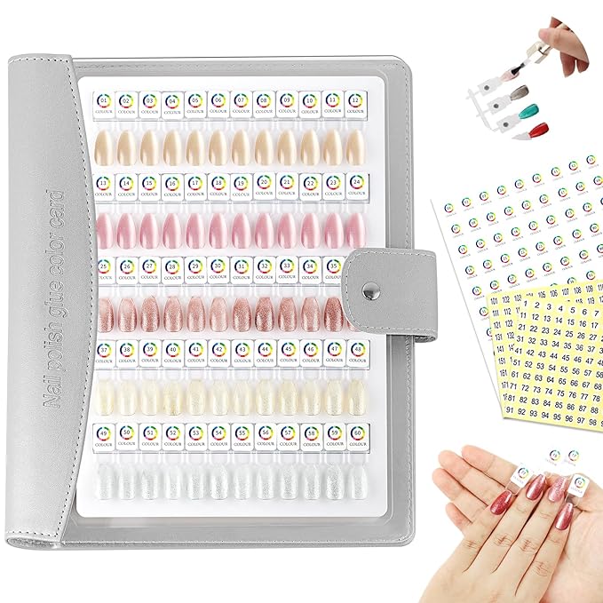 60 Magnetic Nail Swatch Book,Leather Nail Color Display Book with 72 Magnetic Tips & Number Labels,Professional Nail Salon Color Display Book for Easy Preview & Storage Silver