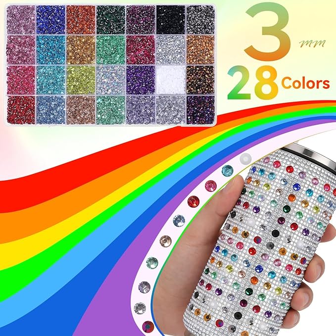 32000Pcs Color Rhinestones Bedazzling Kit, 3mm Flatback Pink Purple Blue White Colored Gems for Crafting, Bedazzling Kit for Crafts Clothing Shoes Bottle Diamond Nail Art Face DIY