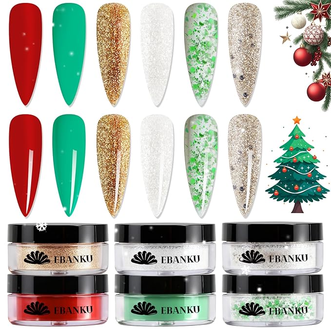 EBANKU Acrylic Powder, 6 Colors Acrylic Nail Powder Red Green White Gold Glitter Acrylic Powder for Nail Extension French Nail, Long-Lasting, No Nail Lamp Needed, 0.35 oz