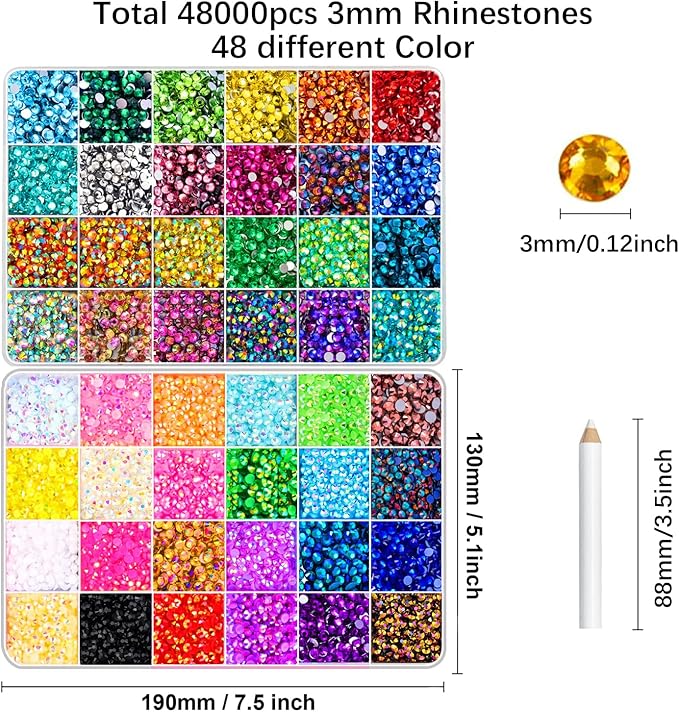 48000Pcs Gems for Crafting,Resin Jelly Rhinestones for Crafting, 48 Color 3mm Flatback Gems for Diamond Art DIY Crafts Clothing Shoes Nail Art Decoration