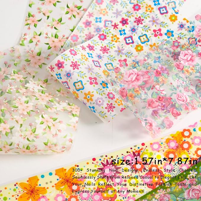 JERCLITY 300 Sheets Nail Foil Transfer Stickers Set Nail Foils Transfer Art Spring Flower Design for Women Girls Decoration