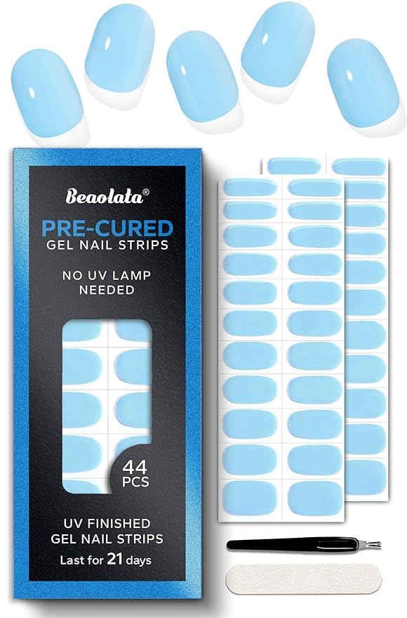 Pre Cured Gel Nail Strips - 44PCS Salon Quality Gel Nail Stickers - Long Lasting Polish Wraps for Women no UV Light Needed Easy Apply & Remove (ICY Blue)