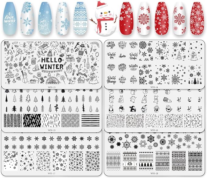 Whaline 6 Pieces Winter Nail Art Stamping Plates Kit Snowman Snowflake Pine Tree Sweater Image Stamp Templates Hello Winter Nail Art Plates for Winter Xmas DIY Print Manicure Salon Design Gift