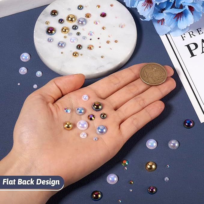 3600Pcs Flatback Resin Pearls Rhinestones, Mermaid Nail Gems AB Color Faux Pearl Beads Rhinestone Cabochons with Pickers Pen Tweezers for Nail Art Makeup