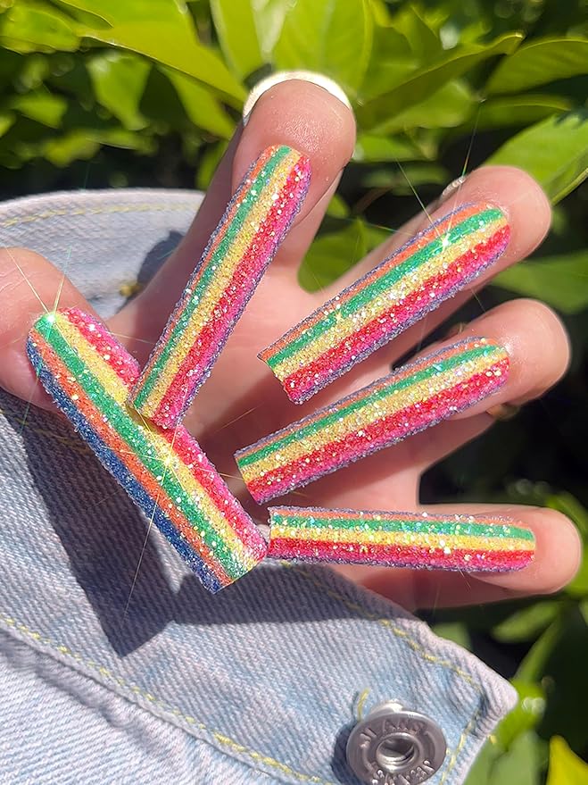 HAND-PAINTED White Press Ons Neon Small Press on Nails Long French Press on Nails Coffin Medium Short Nail art Fake Nail Art Kit with 7g Glue on Nails Handmade Almond Square Nails (Medium, J8)
