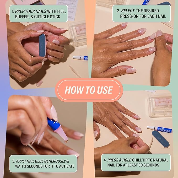 Chillhouse Chill Tips Signatures Press On Nails Kit, Bloodline Bling - 30 Nail Shapes & Sizes, Dual-Sided Buffer & File, Cuticle Stick & Glue - Long-Lasting Nail Art Manicures