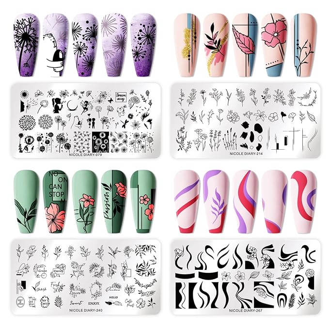 Born Pretty Nail Art Stamping Templates Set Flowers Leaves Plant French Stamping Image Plates Manicure DIY Design Stamp Plates 8PCS