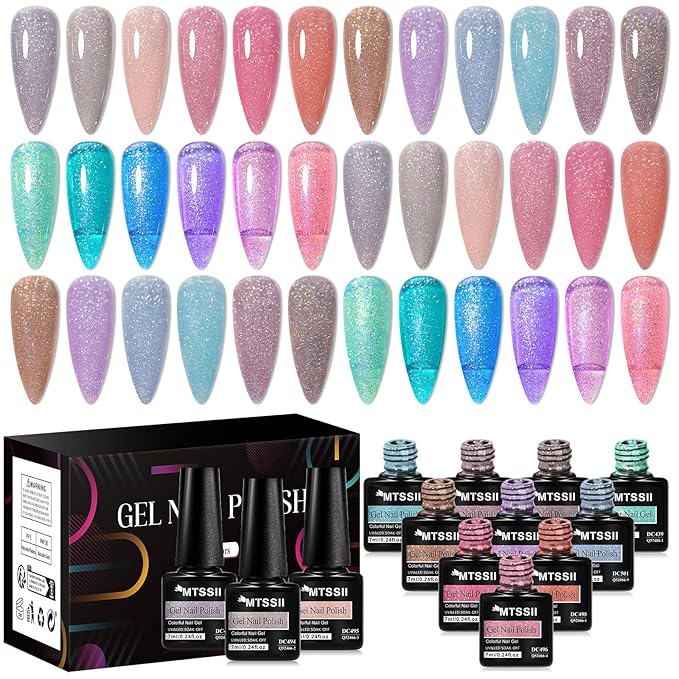 MTSSII Glitter Gel Nail Polish Set Reflective Glitter Gel Polish Nude Nail Polish Kit 18PCS Blue Purple Soak Off Nail Art Gel Manicure Spring Gifts for Women Girls