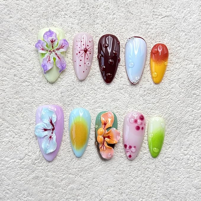 Handmade Press on Nails Medium Almond Thick Acrylic Nails with Glue,Tropical Flower Art Fake Nails with Water Droplet Pattern Designs Nature Stick on Nail False Nails for Wome (Size M)