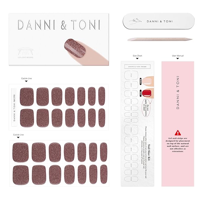 DANNI & TONI Semi Cured Gel Nail Strips Dusty Rose Brown Diamond Powder Gel Nail Stickers 28 Stickers | Mocha Sparkle