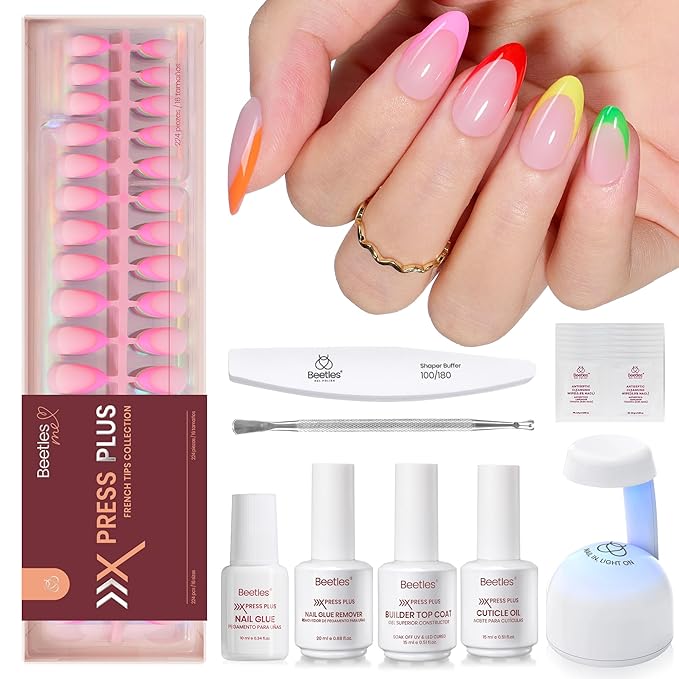 Beetles X Press Gel Nail Kit: 7 Colors Short Almond French Tip Press On Nails Kit With 224Pcs Nail Tips Nail Glue & Builder Top Coat Mini UV Light, All-in-One DIY Designs Gift For Women At Home