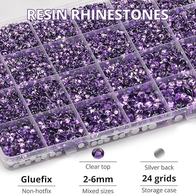 31000Pcs Lavender Resin Rhinestones for Bedazzling, 2-6mm Mixed Sizes Flatback Gems Crystal Jewels Diamonds Gemstones Stones with B7000 Glue for Crafting Clothes Crafts