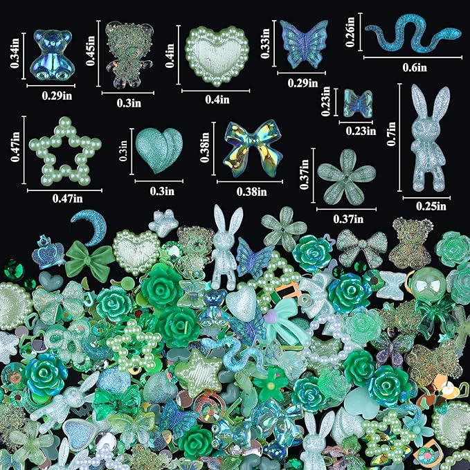 100 Pieces 3D Resin Butterfly Bear Nail Charms Rose Flower Peach Skirt Bow Deer Snake Rabbit Animal Shaped Nail Art Rhinestones Pearls for DIY Nail Art Decoration Making Craft (Green)