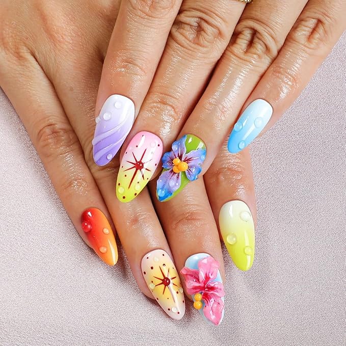 Handmade Press on Nails Medium Almond - 3D Luxury Colorful Flower Press on Nails Designs Thick Acrylic and Muti-Layer Gel False Nails Full Cover Gradient Fake Nails Stick on Nails for Women (Size M)