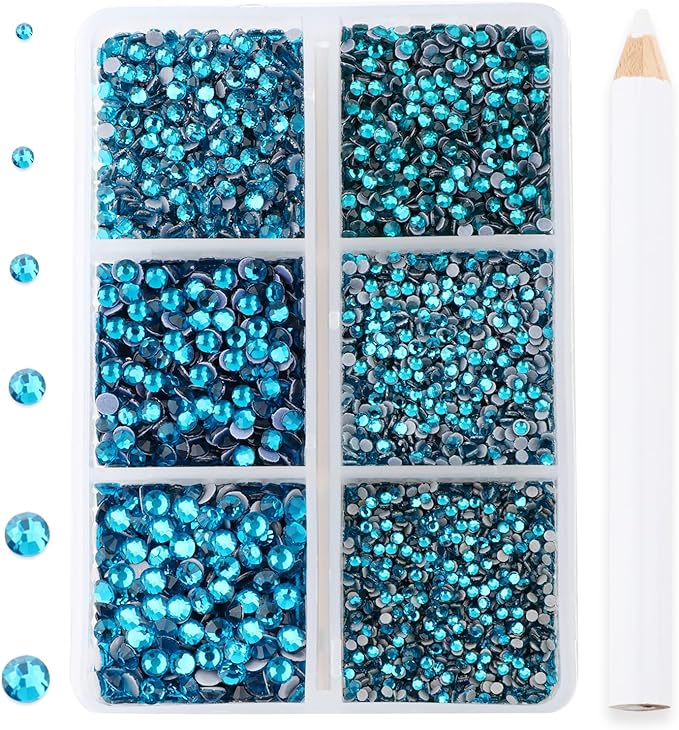 8000pcs Hotfix Rhinestones Flatback,Rhinestones for Crafts Clothes Mixed 6 Sizes, Hotfix Crystals with Wax Pencil Kit, SS3-SS12,Blue Zircon