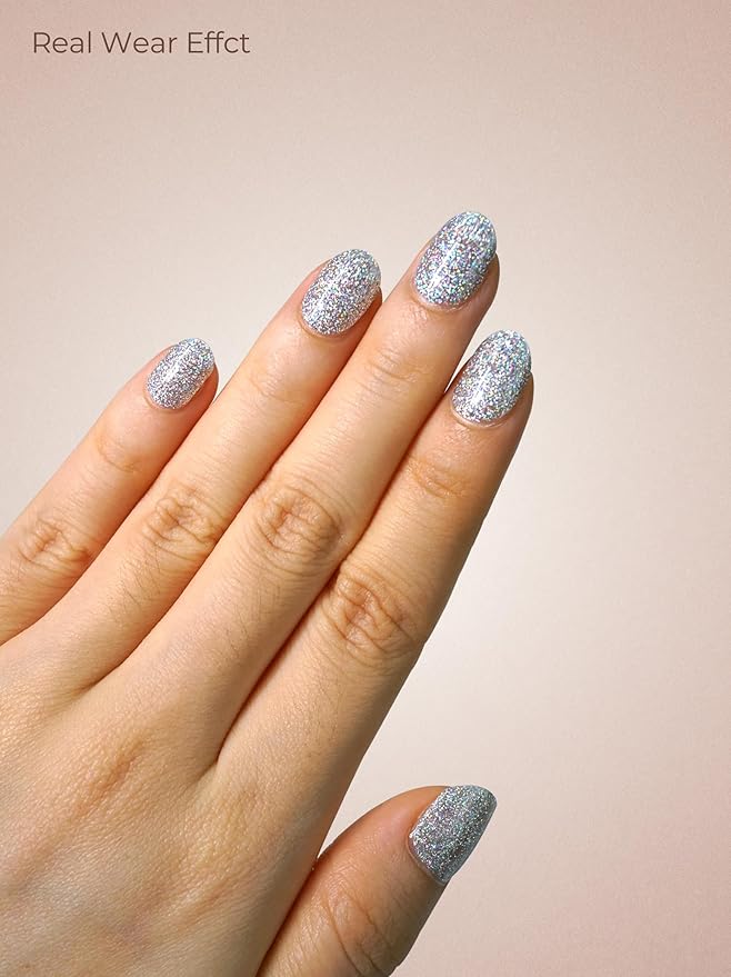Pre Cured Gel Nail Strips - 44PCS Salon Quality Gel Nail Stickers - Long Lasting Polish Wraps for Women no UV Light Needed Easy Apply& Remove (Ethereal Silver)