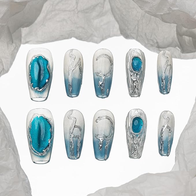 Sun&Beam Nails Handmade Press-on Medium Long Coffin Ballerina Blue Silver White glossy Gradation Hand-Painted Design Fashion False Nail Tips 10 Pcs Set (#201 M)