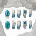 Sun&Beam Nails Handmade Press-on Medium Long Coffin Ballerina Blue Silver White glossy Gradation Hand-Painted Design Fashion False Nail Tips 10 Pcs Set (#201 M)