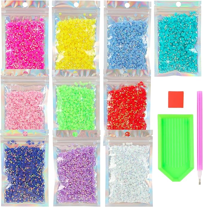 10 Colors 4mm Resin Flatback Rhinestones Kit，Mixed Color SS16 Flatback Jelly Rhinestones with Pick Up Pen and Tray for Nails, Tumblers, Mugs, Bottles, Craft Decoration