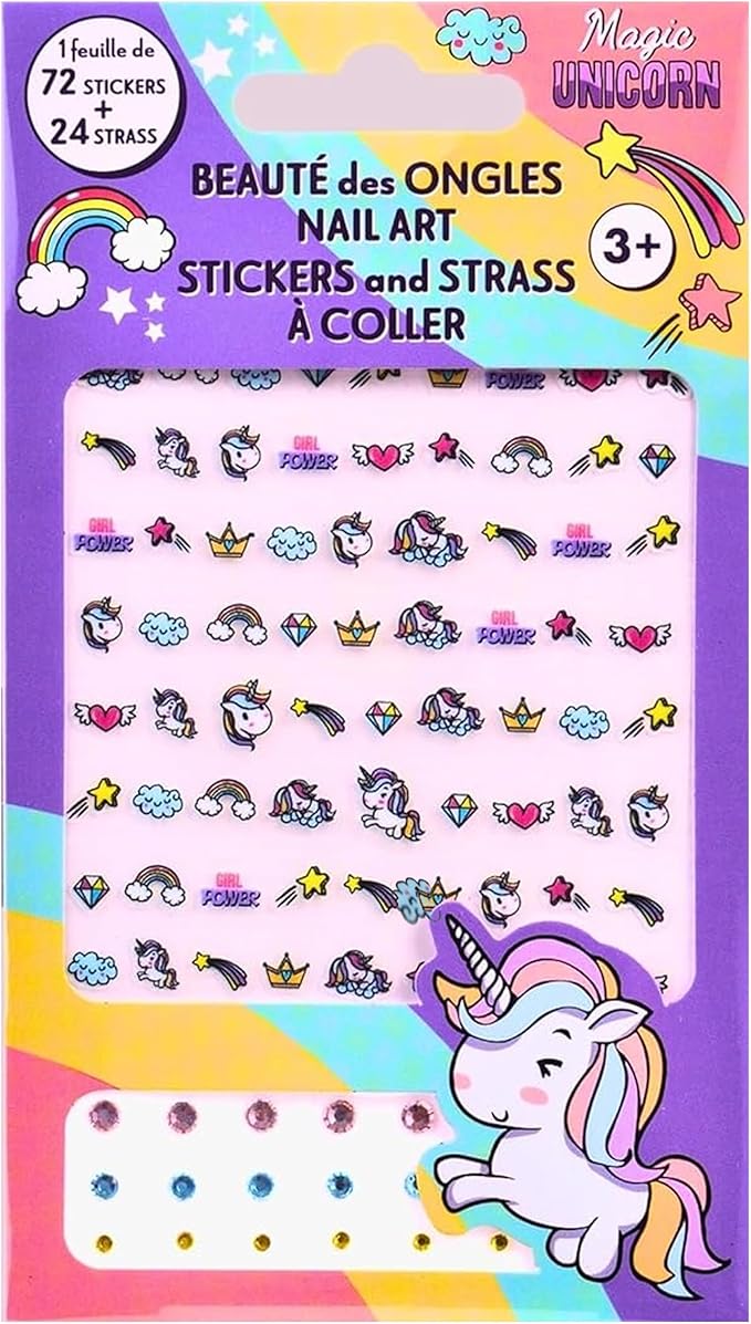 Unicorn Nail Stickers – 1 Sheet with 72 Stickers + 24 Rhinestones – Self-Adhesive Nail Art for Girls – Fun Activity & Gift Idea for Birthdays, Crafts, Party Bags and Playdates
