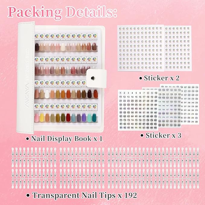 ANGNYA Magnetic Nail Swatch Book，192 Nail Color Book Leather Nail Sample Display Book with 192 Magnetic Tips & 1-240 Number Labels，Perfect for Professional Salon Nail Art Color Chart & Practice Stand