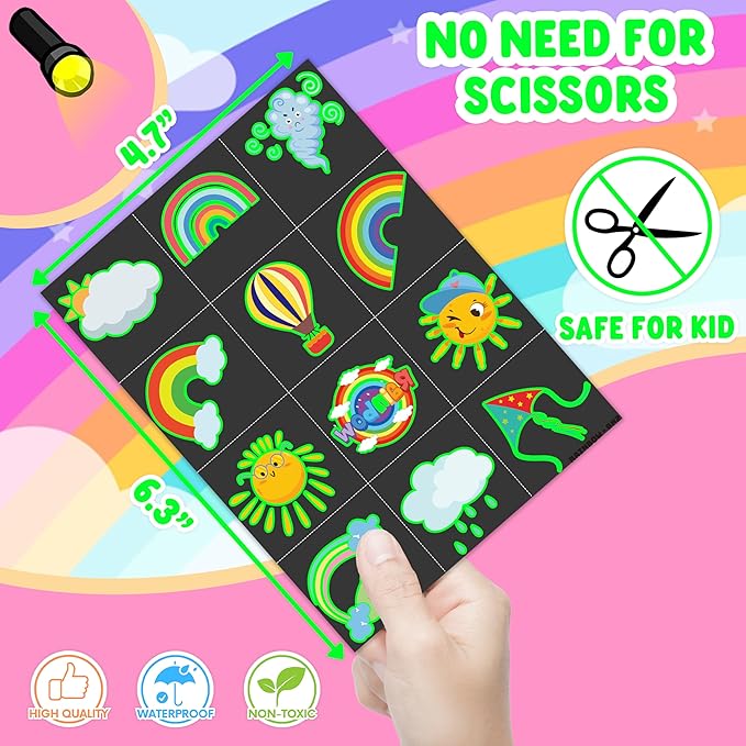 96PCS Glow Rainbow Pre-Cut Temporary Tattoos Stickers,Colorful Theme Birthday Party Decorations, Supplies,Neon Luminous Halloween Party Favors Gifts for Kids Girls Boys (Glow in the dark)