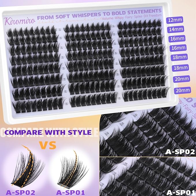 Kiromiro Lash Clusters Kit with Spikes Cluster Eyelash Extensions 12-20mm Fairy Wispy Eyelashes Clusters 216pcs Individual Fluffy DIY Cluster Lashe Kit (Bond and Seal, Tweezers included)