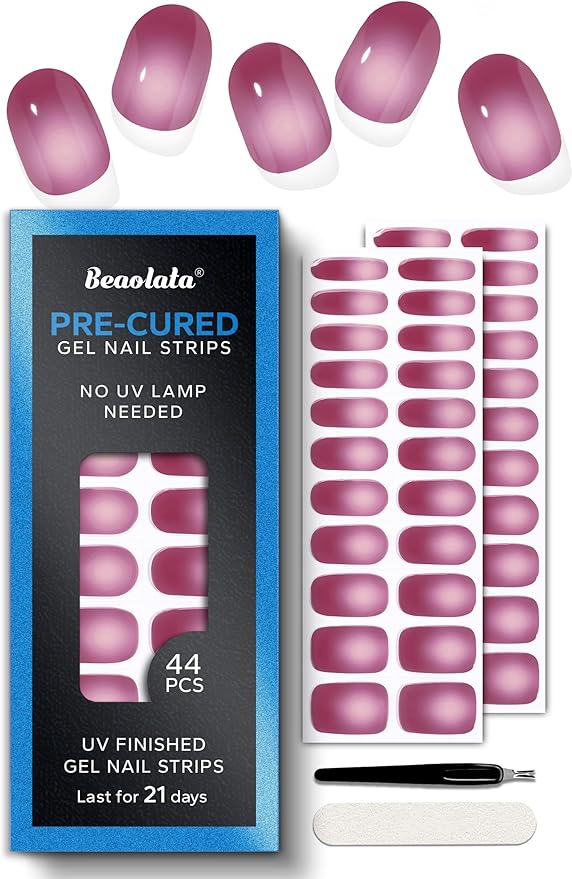 Real Gel Nail Strips (No UV Light Needed) - 44Pcs Salon Quality Nail Stickers - Long Lasting Polish Wraps for Women, Easy Apply & Remove (Bold Pink)
