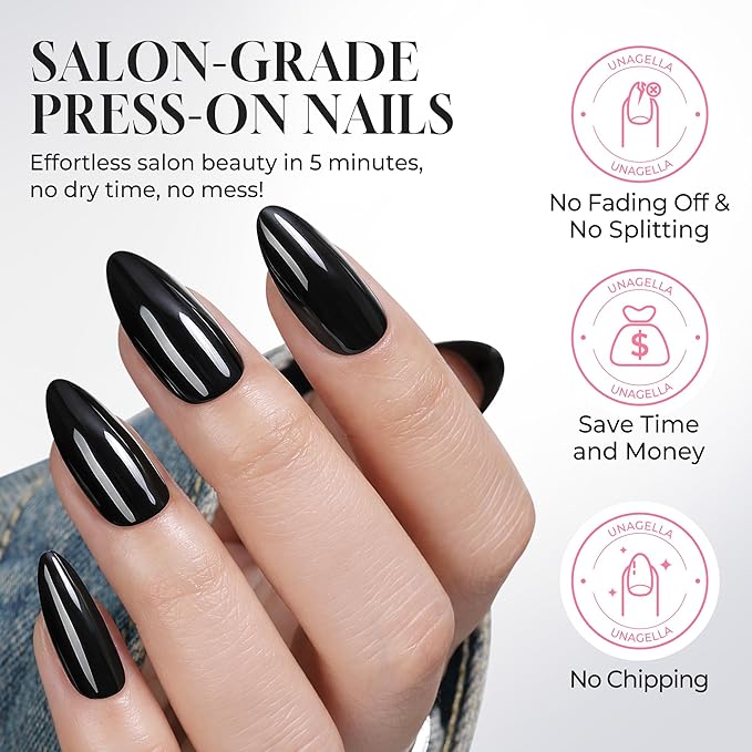 UNA GELLA 32Pcs Soft Gel Press on Nails - 16 Sizes Medium Almond Black Glue on Nails, Reusable Glossy Solid Black False Nails, Full Cover Acrylic Nail Kit for Women DIY Home Manicure