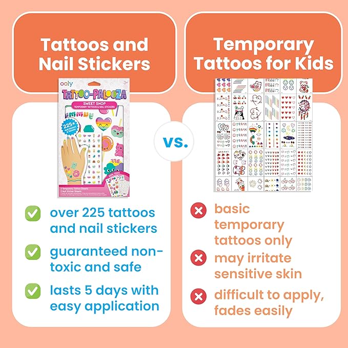 Ooly Set of 35 Sweet Shop Temporary Tattoos and 192 Nail Stickers for Kids, Non-Toxic, Safe Child Tattoos, Party Favors, Goodie Bag Stuffers Gifts for Kids, Birthday Decorations for Girls Ages +3