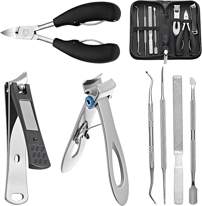 Ingrown Toenail Clippers for Seniors Thick Toenails, 7 Pcs Heavy Duty Large Pedicure Toe Nail Clipper Set with Wide Opening, Includes Nail Cutter, File, Lifter, Cuticle Pusher, Travel Case