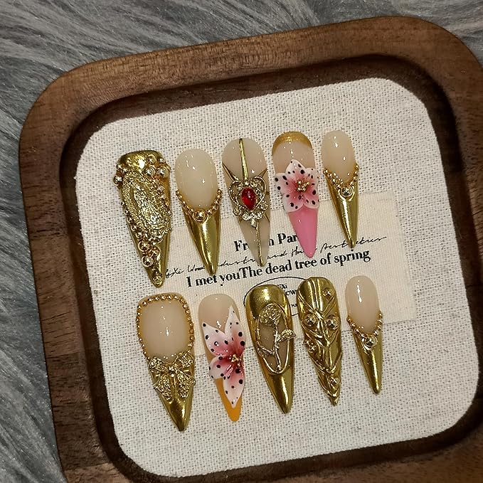 Long Stiletto Press on Nails - Gold Baroque with 3D Rose & Saint Charms | Reusable & Icy False Nails | Royal Gala Style for Grand Events(L)