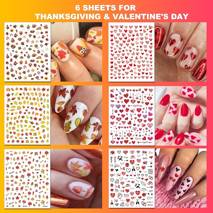 30 Sheets 8 Holiday Nail Art Stickers, Variety Pack All Season Nail Decals for All Year, Self-Adhesive Pegatinas Uñas 4th of July Halloween Fall Christmas Valentine St. Patrick's