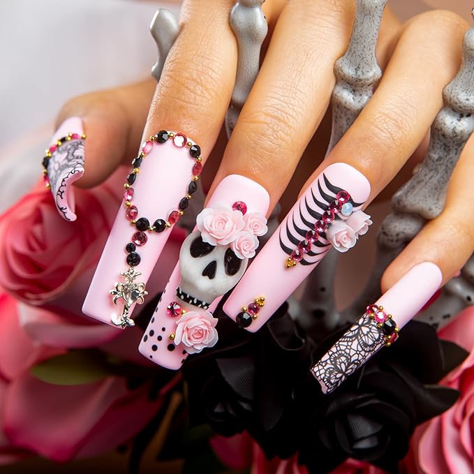 Lovful Halloween Press On Nails with Skeleton | Mid Length Handmade Acrylic Press ons | Reusable Stick on Nails | Square Mid length 1.7in | H660-S
