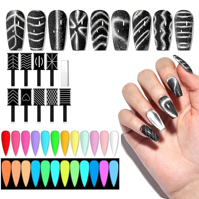 SAVILAND Glows in The Dark Gel Nail Polish Set - 12 Holiday Colors, Luminous Neon Nail Gel Polish Set with Cat Eye Magnets