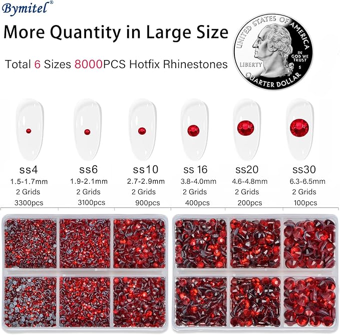 Bymitel Hotfix Crystal Rhinestones Round Gems for Crafts,Mixed 6 Sizes with Wax Pencil Kit, Siam 1.6-6.3mm SS4-SS30/8000pcs
