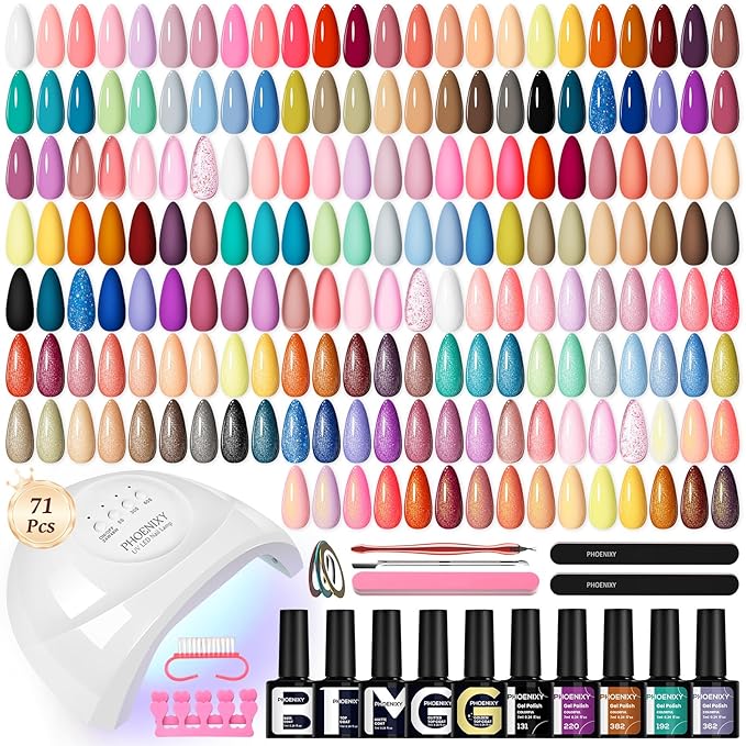 Phoenixy 71 Pcs Gel Nail Polish Kit with UV Light, 55 Color Nude Gel Nail Kit 5pcs Base Glitter Top Coat Nail Art Manicure Set for beginners with Everything DIY Gift for Women