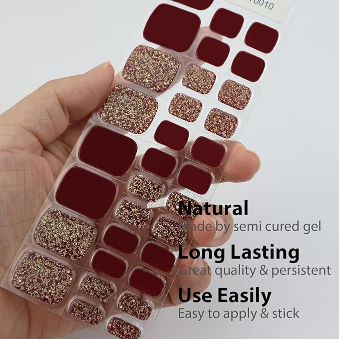 32 Pcs Dark Red Semi Cured Gel Toe Nail Strips Gold Glitter Gel Nail Stickers Full Cover Nails Wraps Self Adhesive Toe Nails Polish Strips Stickers for Women UV/LED Light Required