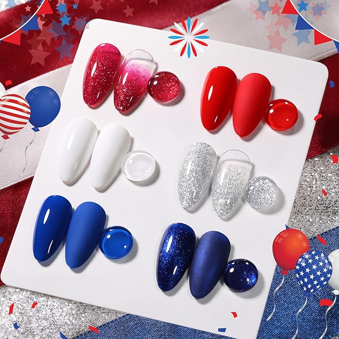 BORN PRETTY 4th of July Gel Nail Polish Set 6 Colors Navy Blue Red White Sliver Shimmer Glitter Gel Polish Soak Off U v Gel Polish Kit for Salon Manicure and Nail Art DIY at Home