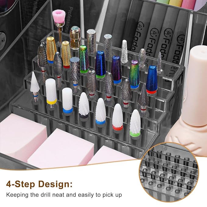 ANRUI Nail Drill Holder, 28 Holes Nail Drill Machine & Bits Storage Box, Acrylic Nail Drill Bit Holder, Professional Nail Drill Organizer Box for Manicure Tools - Grey