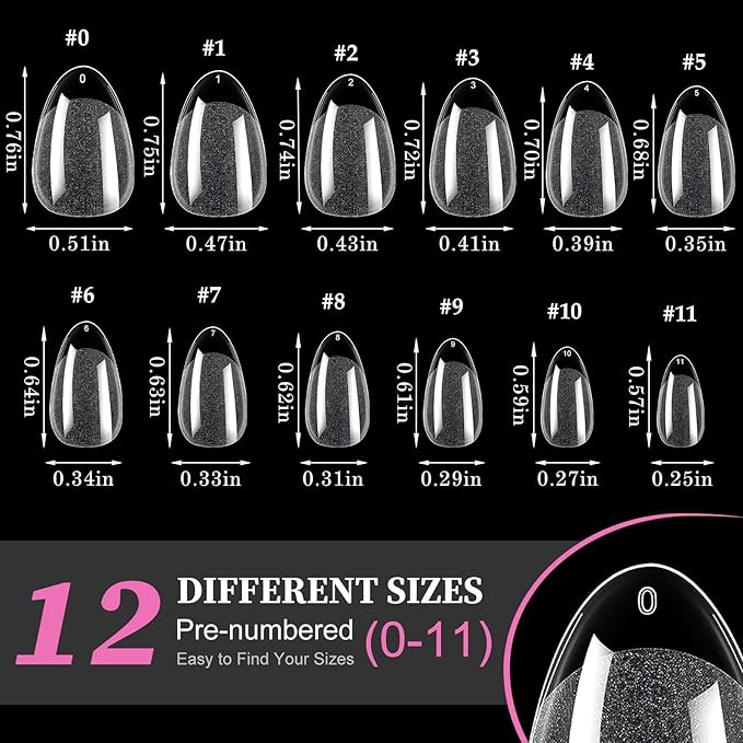 AddFavor Short Almond Gel Nail Tips, 240pcs Acrylic Nail Tips Almond Full Cover Clear Press on Nails False Tips for Nail Extension, 12 Sizes Short Fake Nails