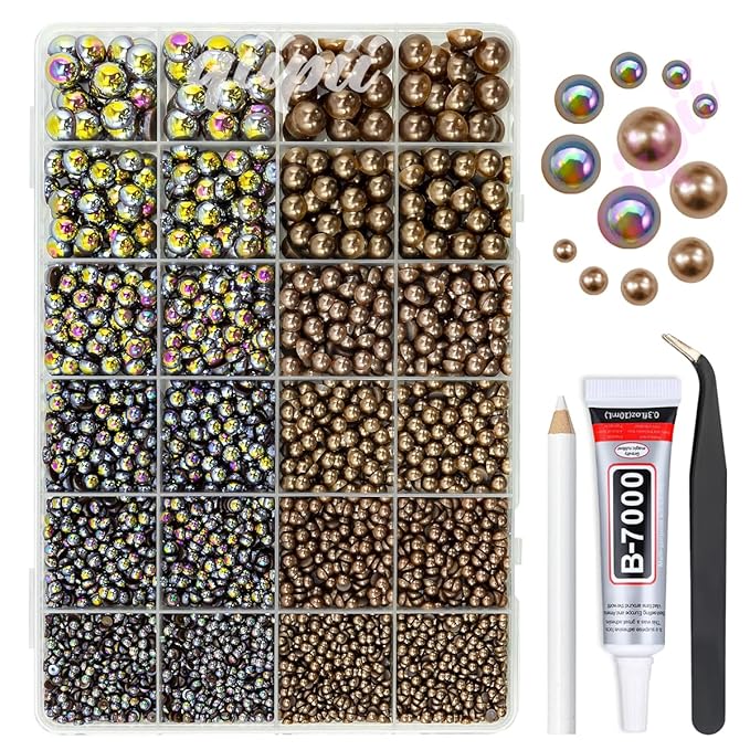 2 Styles Solid Dark Brown+ Brown AB Flatback Pearls for Bedazzling Crafting 3mm-10mm Coffee Half Round Pearls Beads Gems Bedazzler Kit for Nails Face Eyes Makeup Tumblers Bottles DIY Crafts