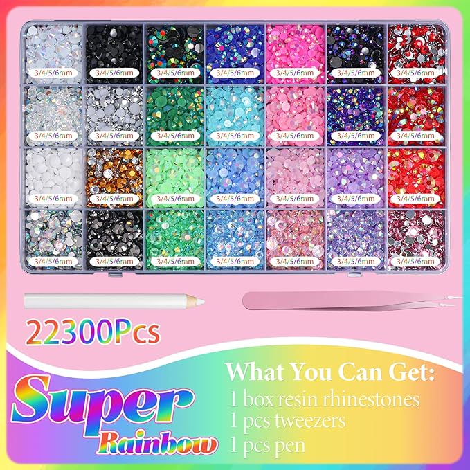 22300Pcs Color Rhinestones for Bedazzling, 3-6 mm Jelly Bedazzling Resin Gems, White Pink Purple Black Gold Tan Red Silver Gems Colored Bedazzling Kit for Crafting Nails Face Makeup Crafts Tumblers